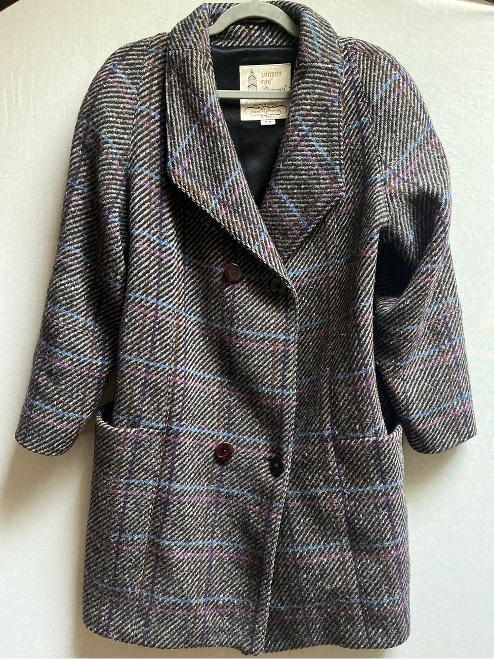 Vintage London Fog Wool Tweed Plaid Double Breasted Coat Sz 8M
